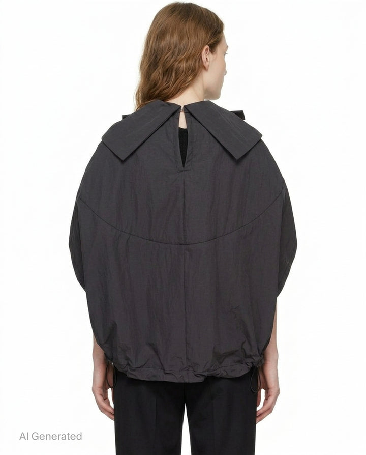 Tao structured cape top in dark charcoal with an oversized gathered bow at the neckline, patch pockets, and a drawstring elasticated hem, displayed on a plain white background - back
