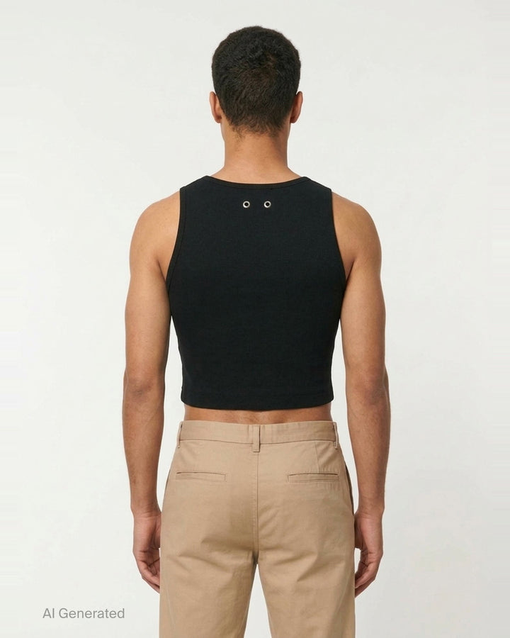 TEAM WANG design Original 1 Tank Top in black — a fitted ribbed crop tank with a centred logo print and round neckline, shown front-facing on a white background - back