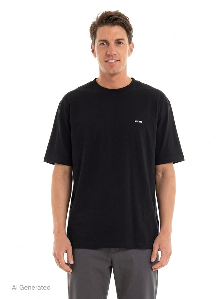 TEAM WANG design The Original 1 Tee in black — oversized silhouette with branded collar tape and miniature chest logo, front view on white background - front
