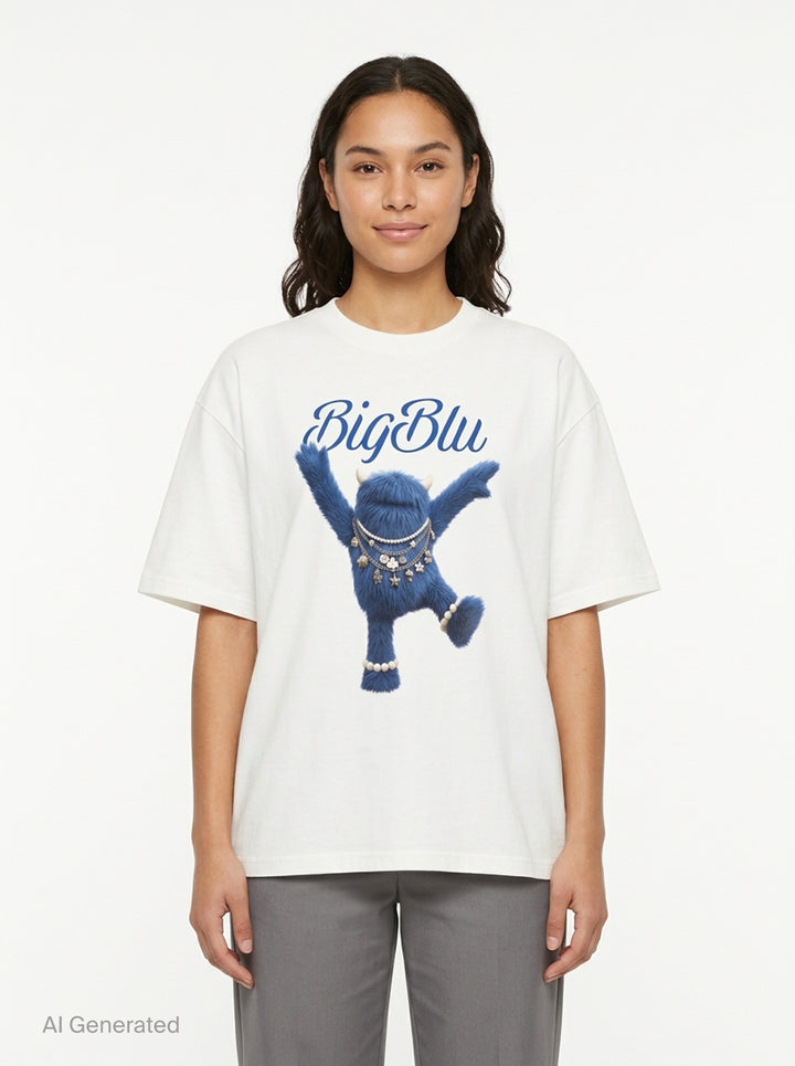 The Fluffadoos Big Blu Name Story Tee — white oversized short sleeve tee with a large chest print of the blue furry Big Blu monster character wearing layered chain necklaces and pearl anklets, arms raised, with cursive BigBlu script above - front