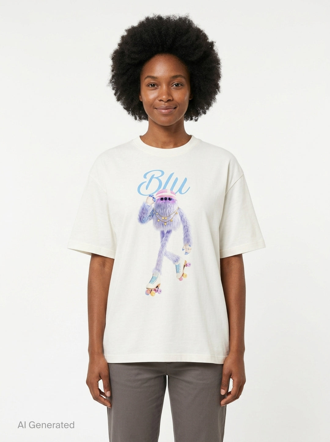 The Fluffadoos Blu Name Story Tee in white, featuring a printed illustration of a fuzzy blue creature wearing roller skates, a gold chain, and a pink visor, with 'Blu' in sky blue script above - front