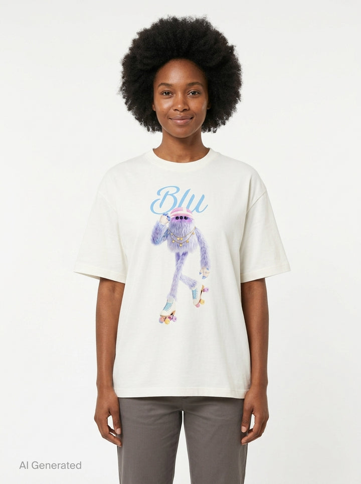 The Fluffadoos Blu Name Story Tee in white, featuring a printed illustration of a fuzzy blue creature wearing roller skates, a gold chain, and a pink visor, with 'Blu' in sky blue script above - front