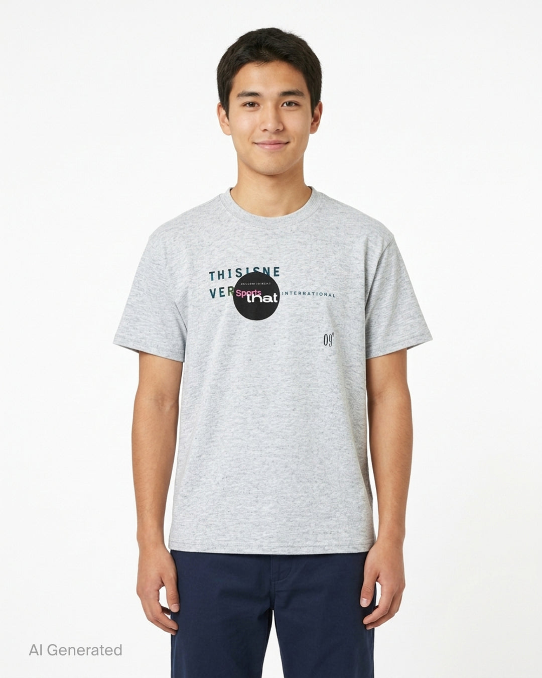 thisisneverthat Composition Tee in heathered grey, featuring a multi-colour collage typographic graphic print across the chest with circular badge motif and script logo detail - front