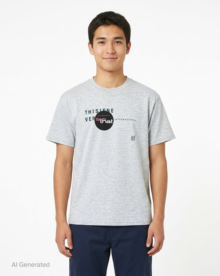 thisisneverthat Composition Tee in heathered grey, featuring a multi-colour collage typographic graphic print across the chest with circular badge motif and script logo detail - front