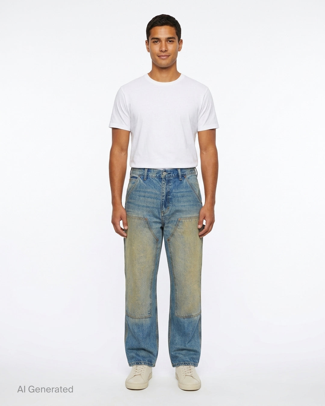 thisisneverthat Denim Double Knee Pants in heavy vintage wash indigo with ochre distressing, double-knee reinforced panels, carpenter utility detailing, and a relaxed wide-leg silhouette — front view - front