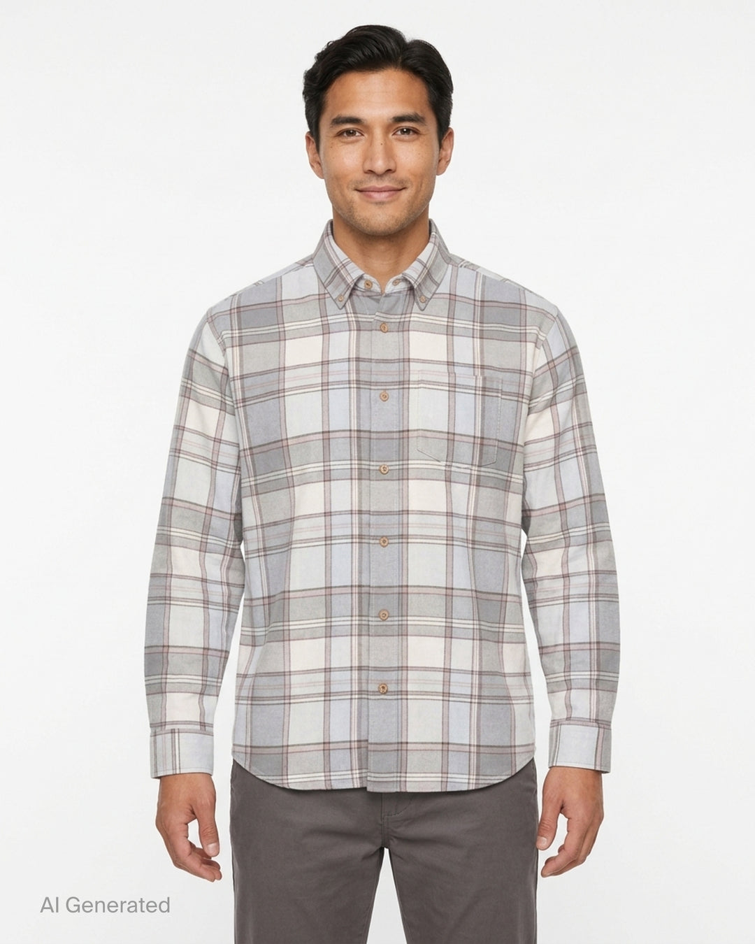 thisisneverthat Flannel Check Long Sleeve Shirt in grey, cream, and dusty rose large-scale plaid, featuring a button-down collar, wooden buttons, and a chest patch pocket - front