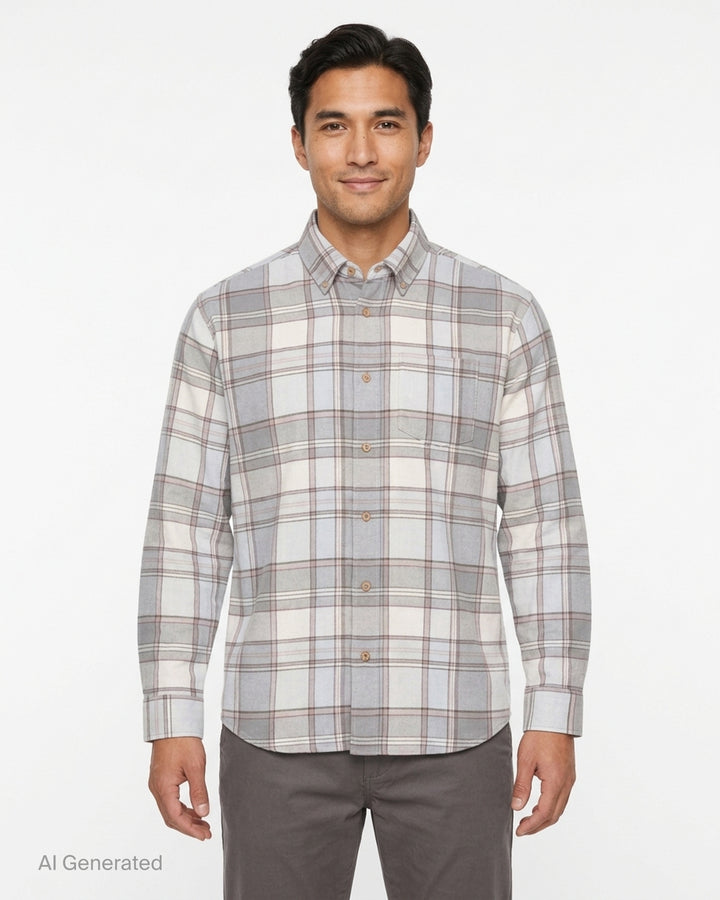 thisisneverthat Flannel Check Long Sleeve Shirt in grey, cream, and dusty rose large-scale plaid, featuring a button-down collar, wooden buttons, and a chest patch pocket - front