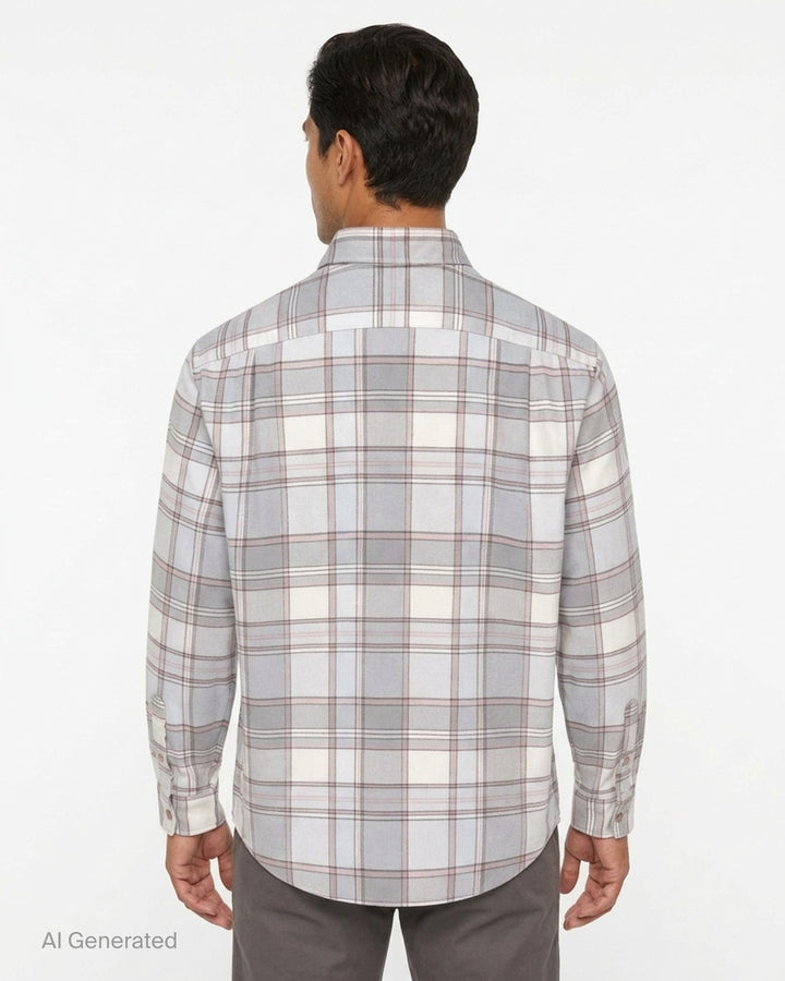 thisisneverthat Flannel Check Long Sleeve Shirt in grey, cream, and dusty rose large-scale plaid, featuring a button-down collar, wooden buttons, and a chest patch pocket - back