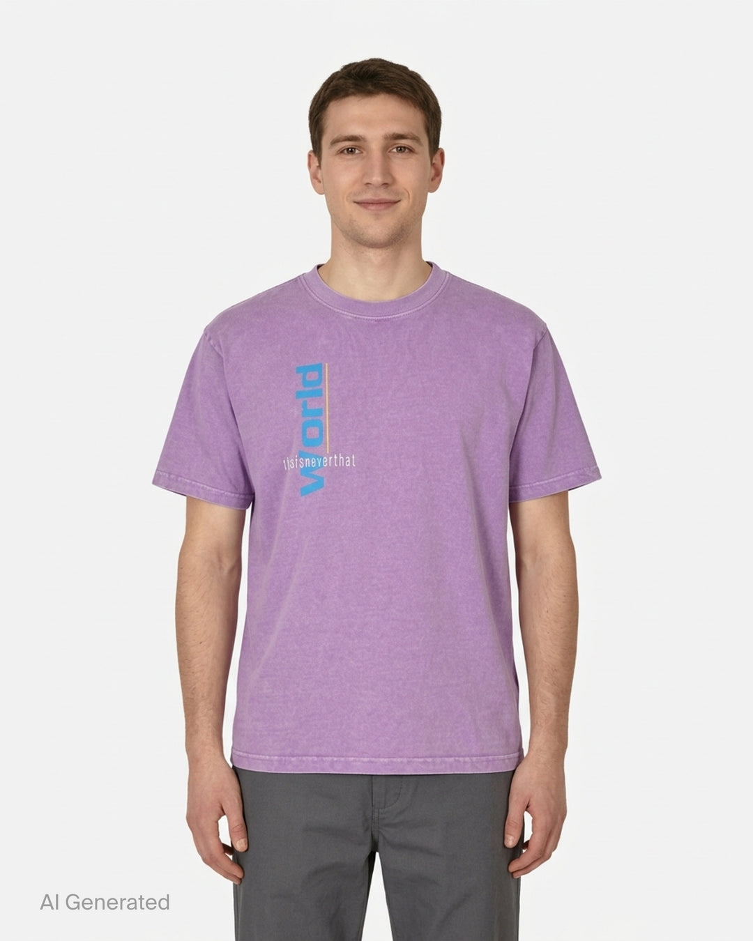 thisisneverthat From the World Tee in acid-washed purple with vertical cyan 'World' graphic and signature script branding on the chest - front