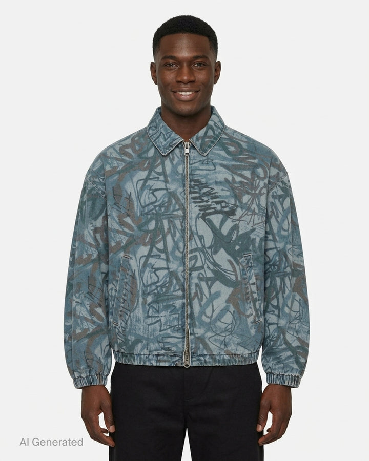 thisisneverthat Graffiti Print Denim Blouson Jacket in washed blue with all-over tag-style calligraphic print, full-zip closure, point collar, and elasticated hem and cuffs - front
