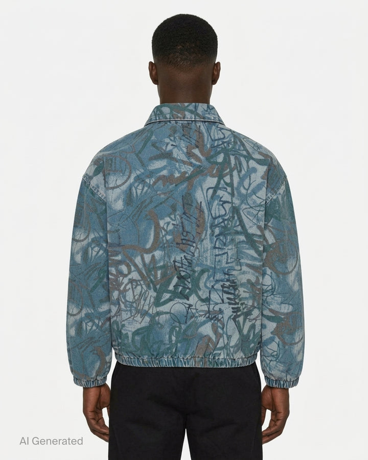 thisisneverthat Graffiti Print Denim Blouson Jacket in washed blue with all-over tag-style calligraphic print, full-zip closure, point collar, and elasticated hem and cuffs - back