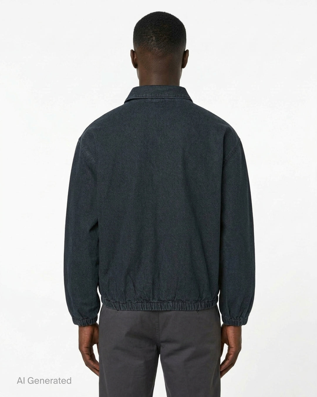 thisisneverthat Graffiti Print Denim Blouson Jacket in washed blue with all-over tag-style calligraphic print, full-zip closure, point collar, and elasticated hem and cuffs - back