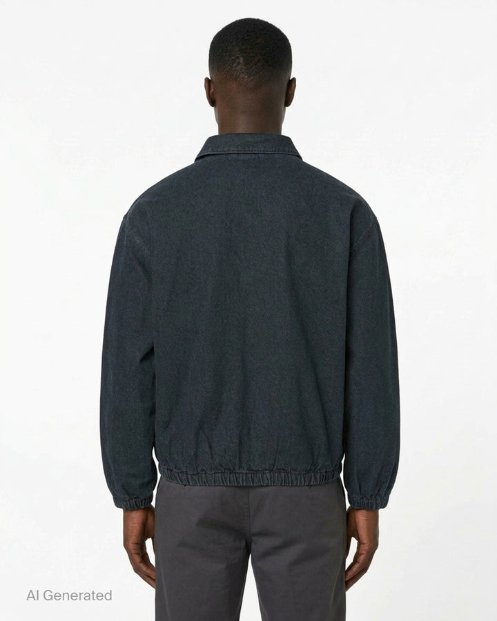 thisisneverthat Graffiti Print Denim Blouson Jacket in washed blue with all-over tag-style calligraphic print, full-zip closure, point collar, and elasticated hem and cuffs - back