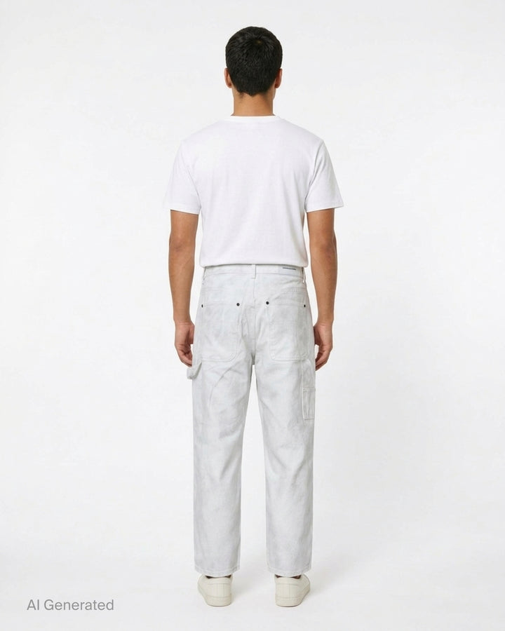 thisisneverthat Painter Pants in washed white with paint-worn finish, relaxed straight-leg silhouette, carpenter utility tab detail, and five-pocket construction — front view - back