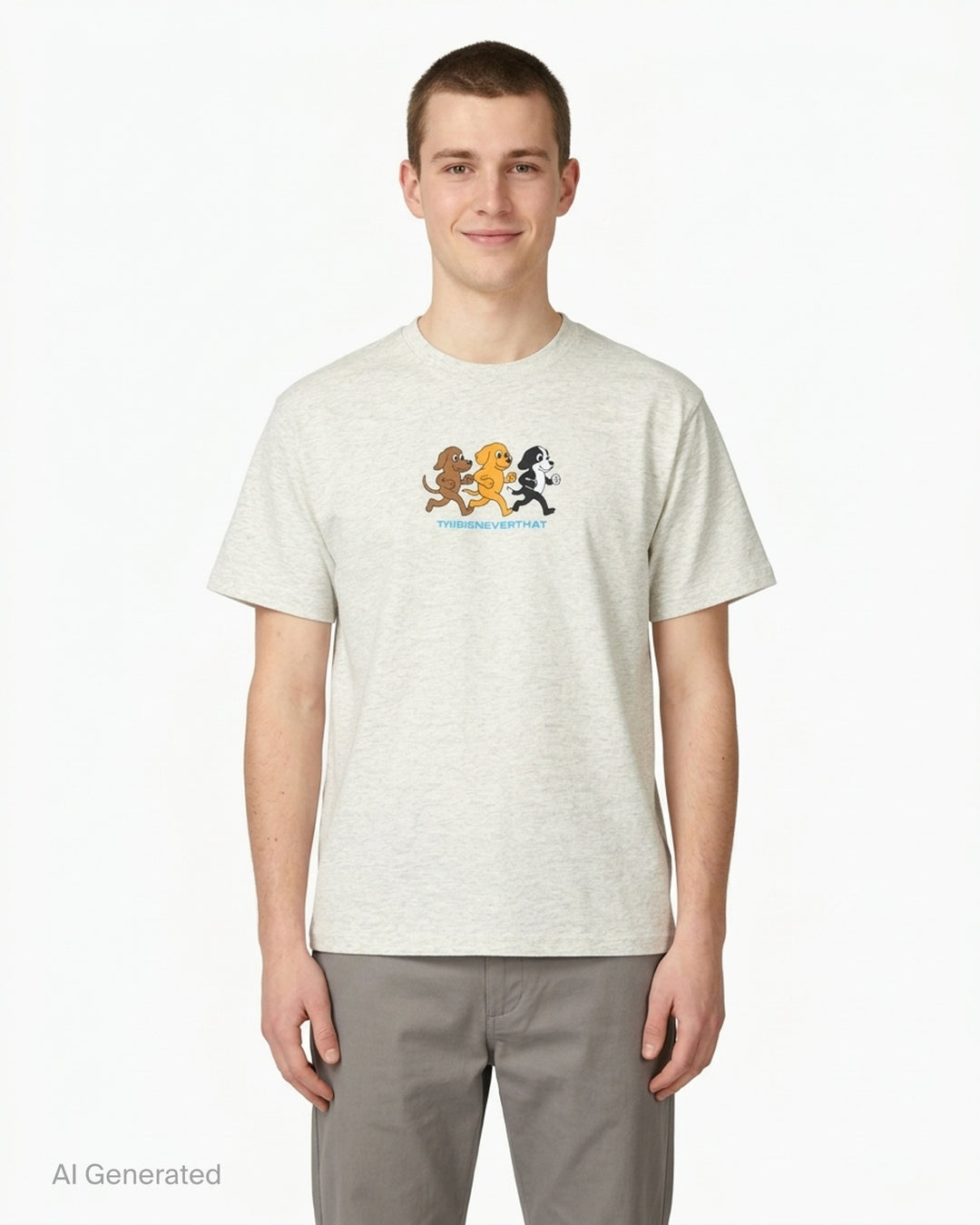 thisisneverthat Running Dogs Graphic Tee in heather grey, featuring a cartoon illustration of three running dogs in brown, golden, and black with the thisisneverthat logo printed below in blue - front