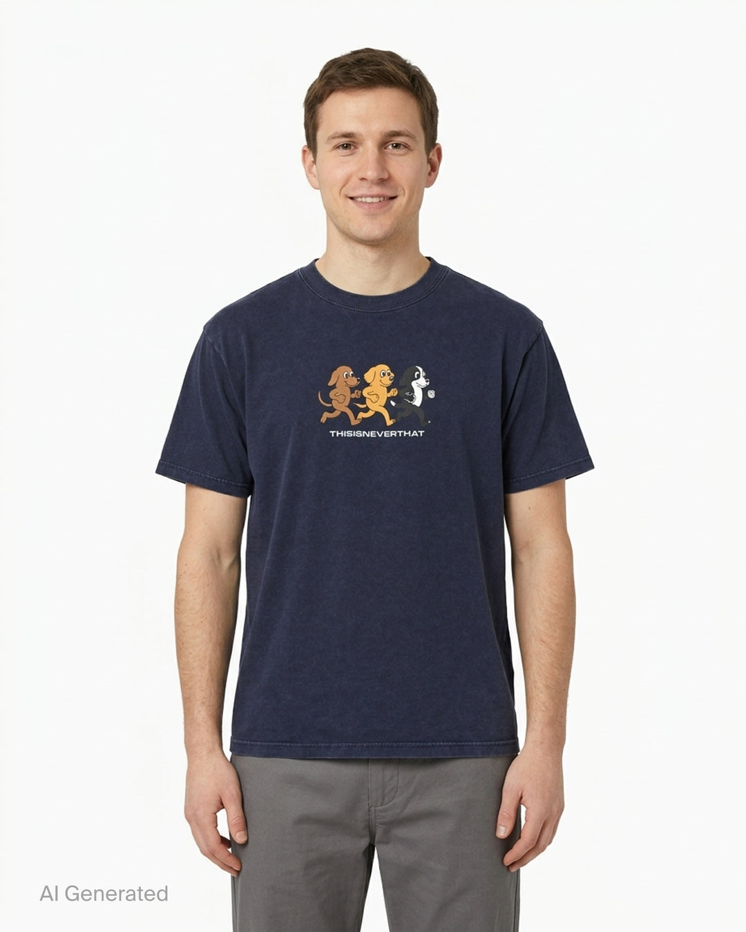 thisisneverthat Running Dogs Graphic Tee in heather grey, featuring a cartoon illustration of three running dogs in brown, golden, and black with the thisisneverthat logo printed below in blue - front