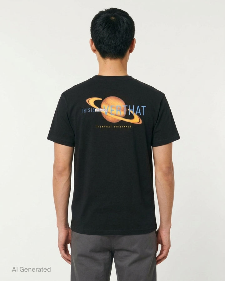 thisisneverthat Saturn short sleeve tee in washed black with a small woven brand logo label at the chest and a ribbed crewneck collar, displayed flat on a white background - back