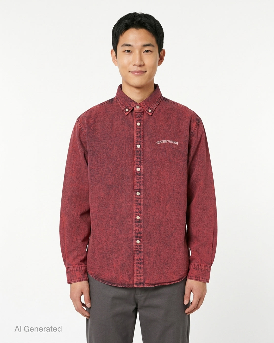 thisisneverthat Washed Denim Long Sleeve Shirt in acid-washed red with button-down collar and embroidered logo on the chest - front