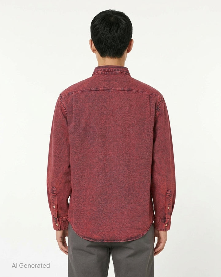 thisisneverthat Washed Denim Long Sleeve Shirt in acid-washed red with button-down collar and embroidered logo on the chest - back