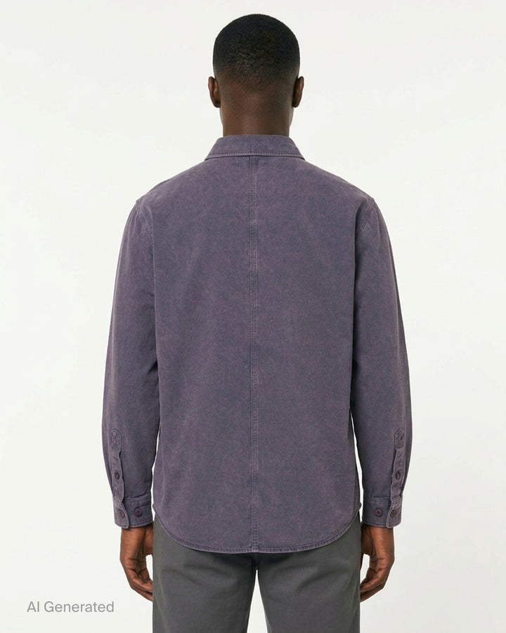 thisisneverthat Washed Twill Long Sleeve Shirt in faded charcoal, front view showing full button placket, chest patch pocket with embroidered script logo, and relaxed oversized silhouette - back