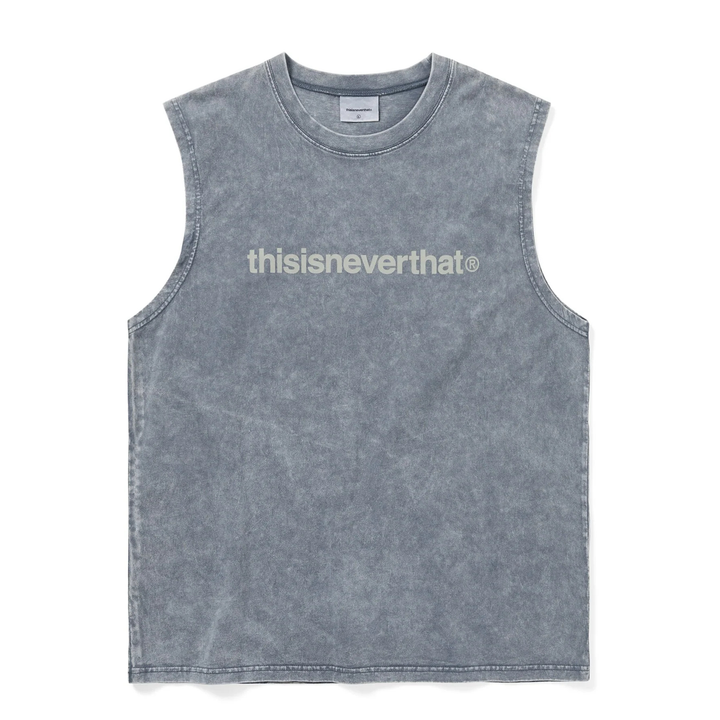 thisisneverthat T-Logo Sleeveless Tee in acid-washed grey with tone-on-tone wordmark print across the chest, flat lay on white background