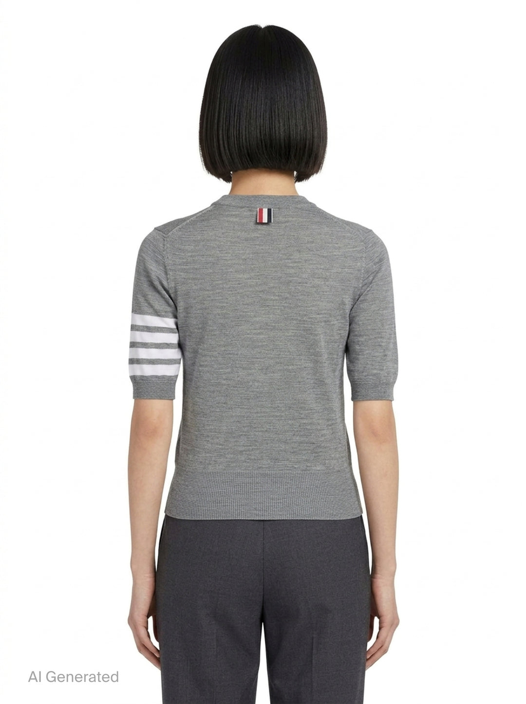 Thom Browne grey fine jersey short sleeve tee with signature four-bar white stripe on the sleeve and ribbed hem and cuffs - back