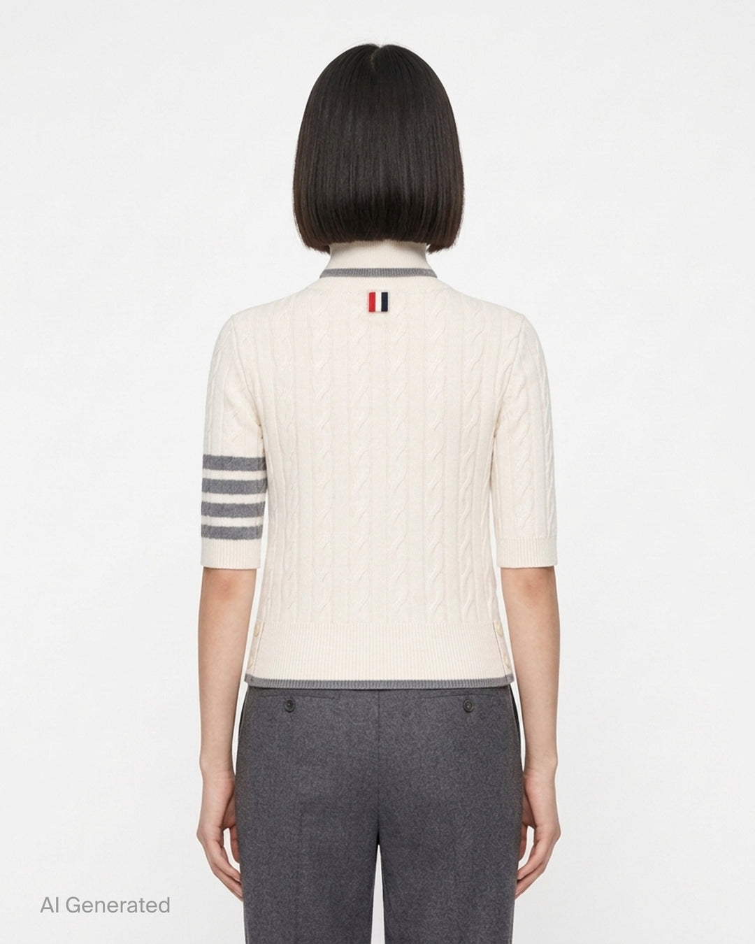 Thom Browne cream baby cable-knit short sleeve turtleneck with grey tipping and 4-bar stripe on the sleeve - back