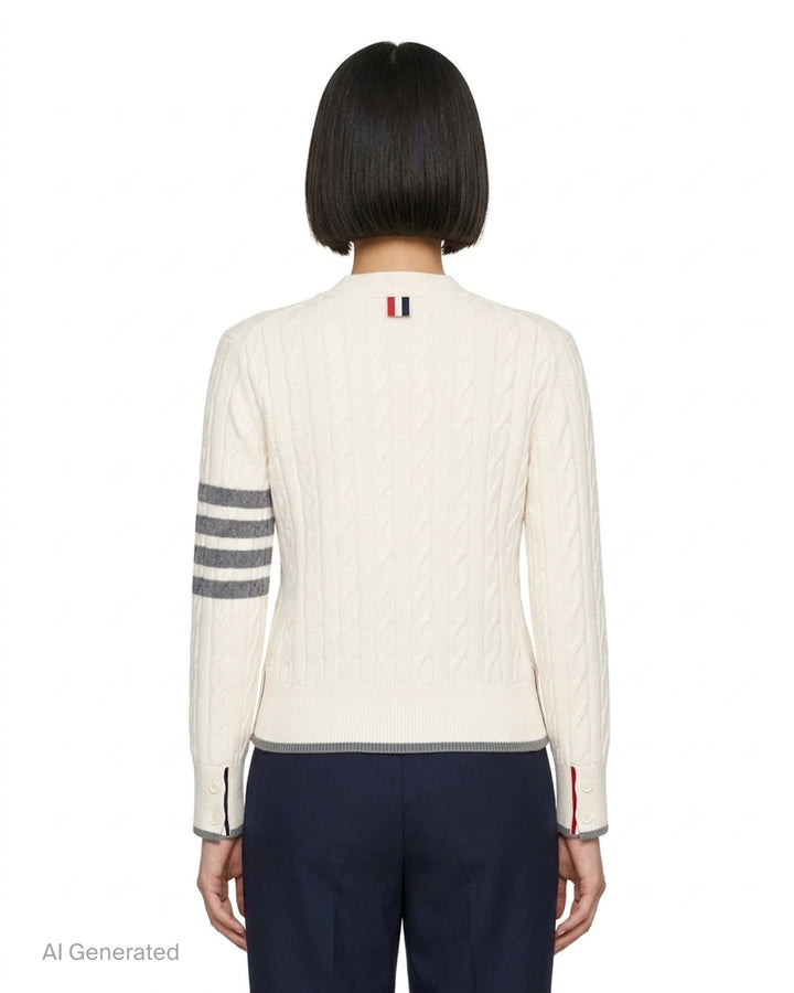 Thom Browne cream cable-knit V-neck cardigan with grey 4-bar stripes on the sleeve and contrast grey trim at the hem and cuffs - back