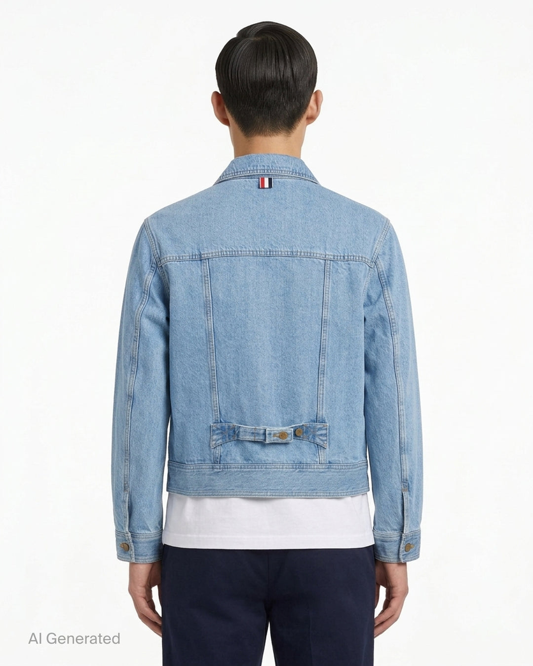 Thom Browne Backstrap Utility Jacket in light-wash denim with twin chest flap pockets and brass buttons, shown from the front - back