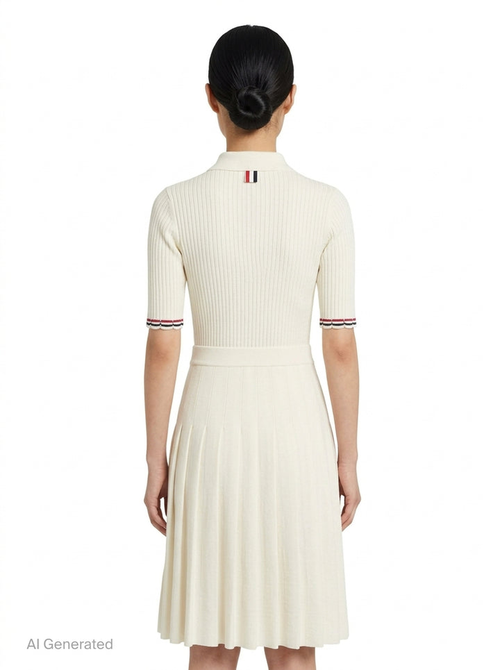 Thom Browne below knee polo dress in ivory ribbed knit with pleated skirt, silver-tone button placket, and signature red, white, and blue stripe cuff trim - back