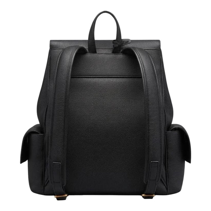 Thom Browne Bolton backpack in black soft pebble leather with brass-tone lock closure, flap side pockets, and red, white, and blue tab detail - packshot
