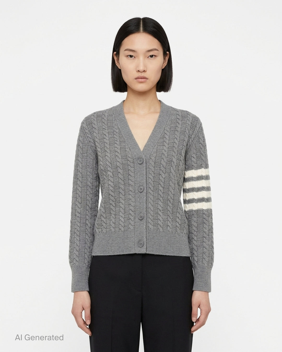 Thom Browne grey cable knit V-neck cardigan with cream 4-bar stripe on the sleeve and button front - front