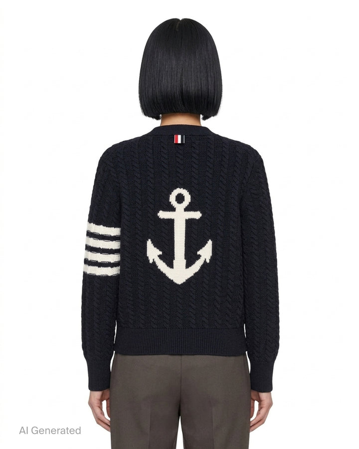 Thom Browne grey cable knit V-neck cardigan with cream 4-bar stripe on the sleeve and button front - back