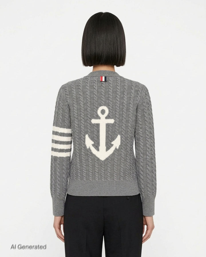 Thom Browne grey cable knit V-neck cardigan with cream 4-bar stripe on the sleeve and button front - back