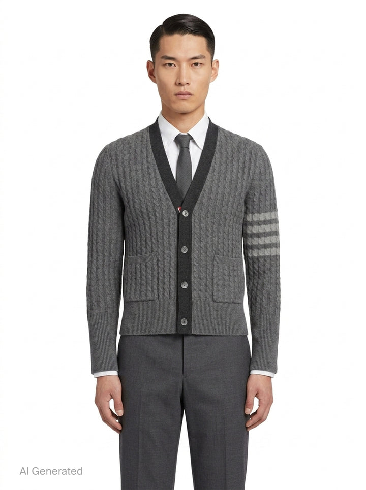 Cable Knit V-Neck Cardigan | Thom Browne | Club21 - front