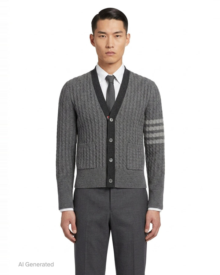 Cable Knit V-Neck Cardigan | Thom Browne | Club21 - front