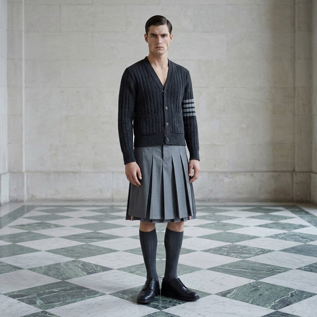 Navy cable-knit V-neck cardigan with white 4-bar stripe on the sleeve, button front and two front pockets - lifestyle
