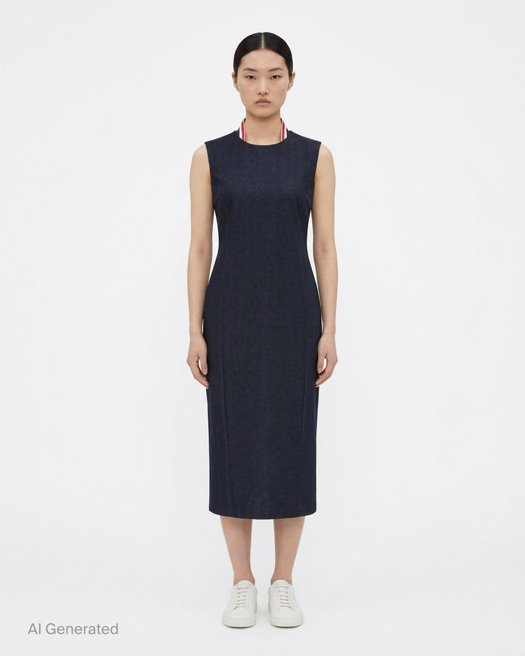 Thom Browne navy sleeveless calf-length pencil dress with crew neckline and red, white and blue grosgrain tab at the back neck - front