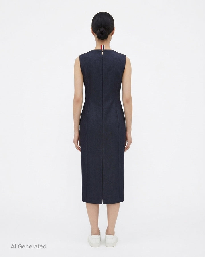 Thom Browne navy sleeveless calf-length pencil dress with crew neckline and red, white and blue grosgrain tab at the back neck - back