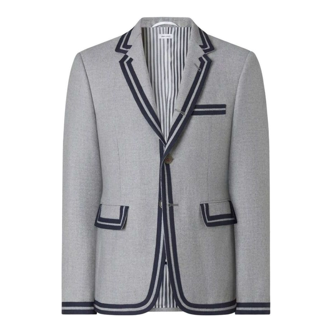 Thom Browne grey single-breasted blazer with navy and grey cricket stripe trim and striped lining - packshot
