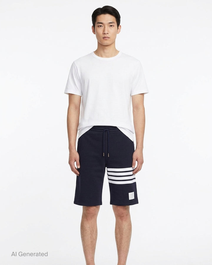 Thom Browne navy cotton sweat shorts with drawstring waist, white 4-Bar stripe on one leg and woven label patch at the hem - front
