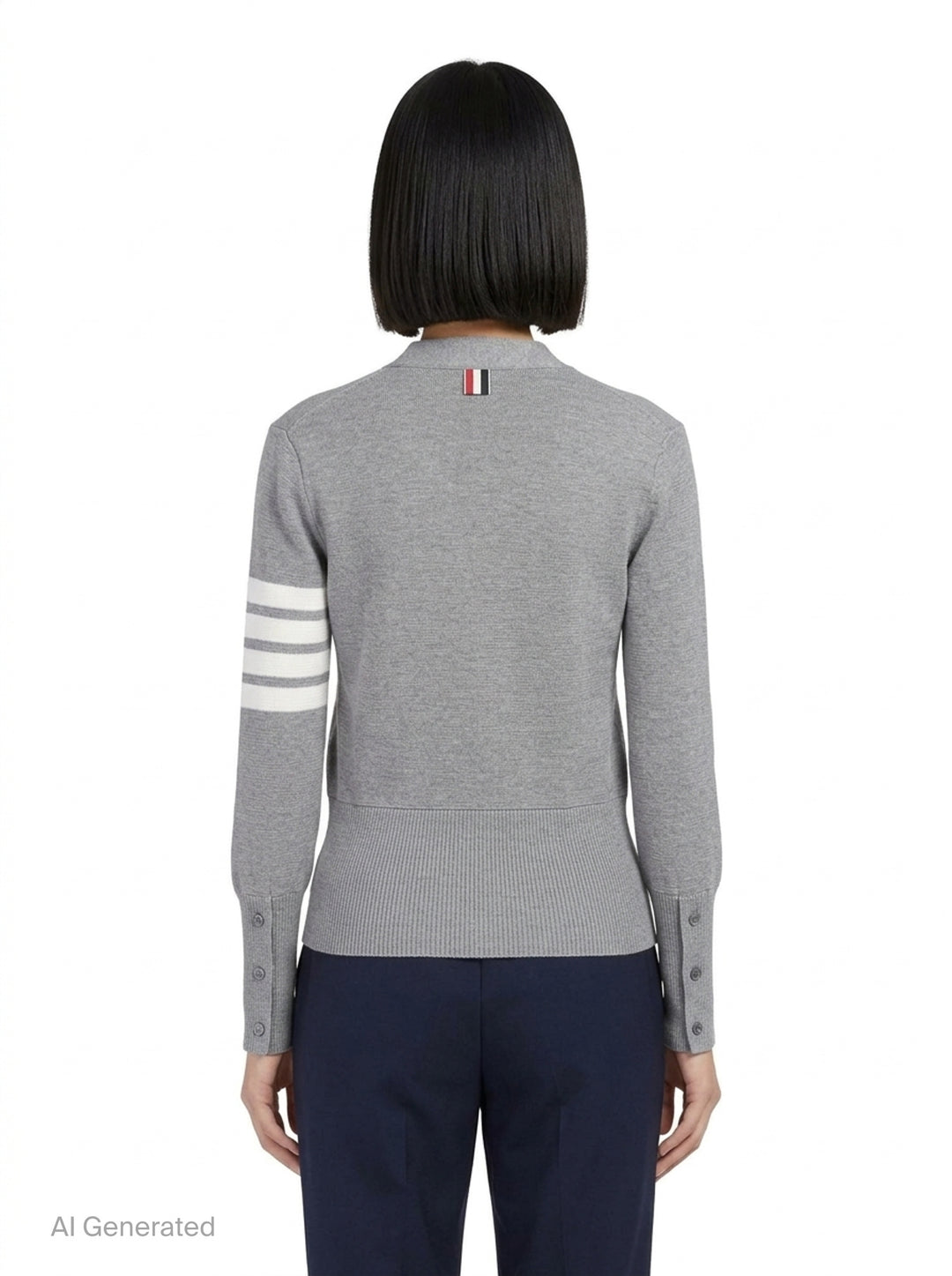 Thom Browne heather grey V-neck cardigan with four-bar white stripe detail on sleeve, button-through front, and ribbed hem and cuffs - back