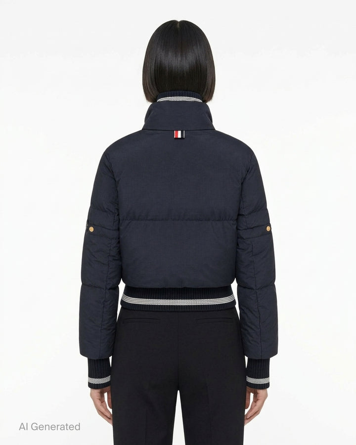 Thom Browne navy cropped down-filled zip front jacket with ripstop shell and striped rib knit collar, hem and cuffs - back
