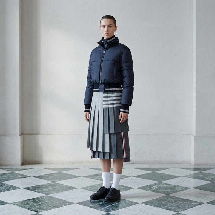 Thom Browne navy cropped down-filled zip front jacket with ripstop shell and striped rib knit collar, hem and cuffs - lifestyle