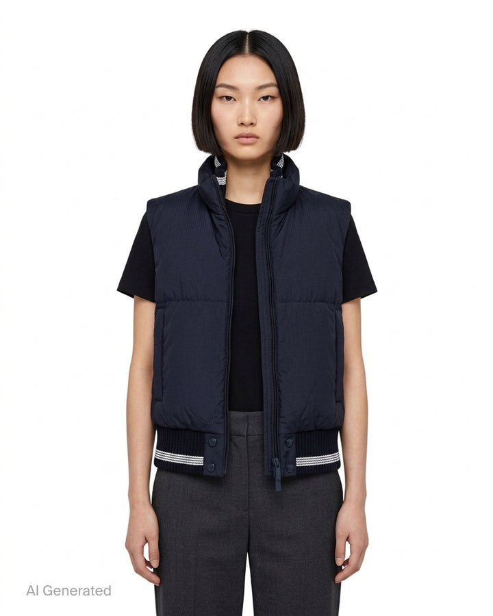 Thom Browne navy cropped down-filled zip-front vest with striped rib-knit collar and hem - front