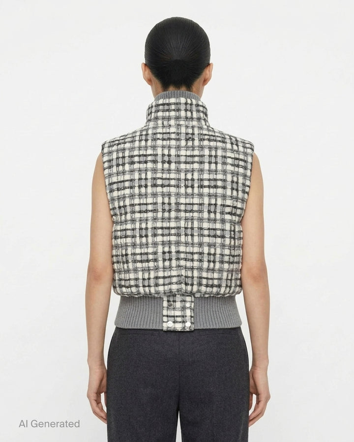 Thom Browne cropped down-filled zip front vest in grey and white tweed check with ribbed knit collar and hem - back