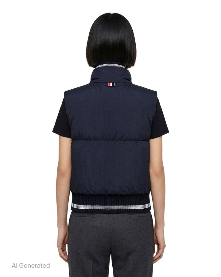 Thom Browne navy cropped down-filled zip-front vest with striped rib-knit collar and hem - back