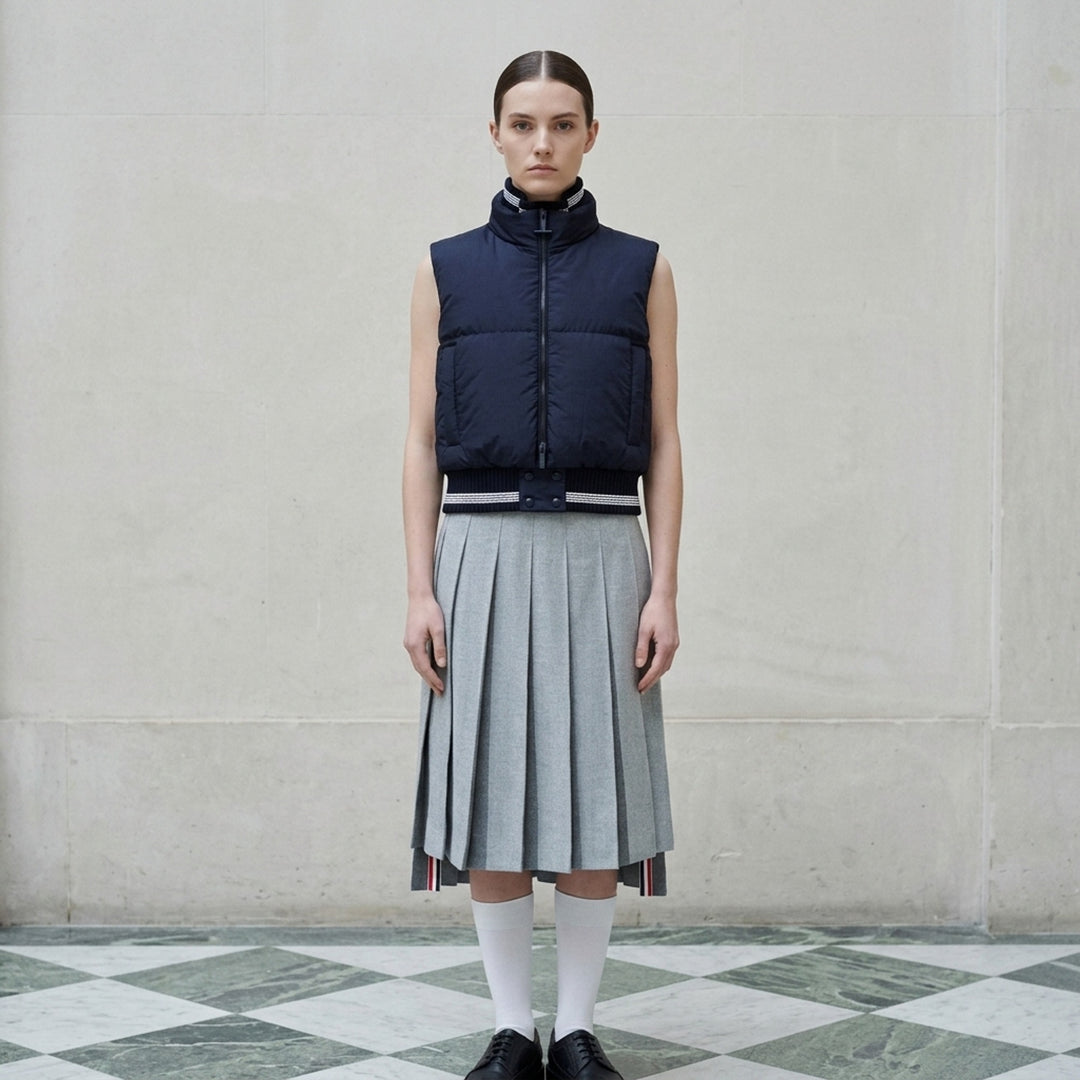 Thom Browne navy cropped down-filled zip-front vest with striped rib-knit collar and hem - lifestyle