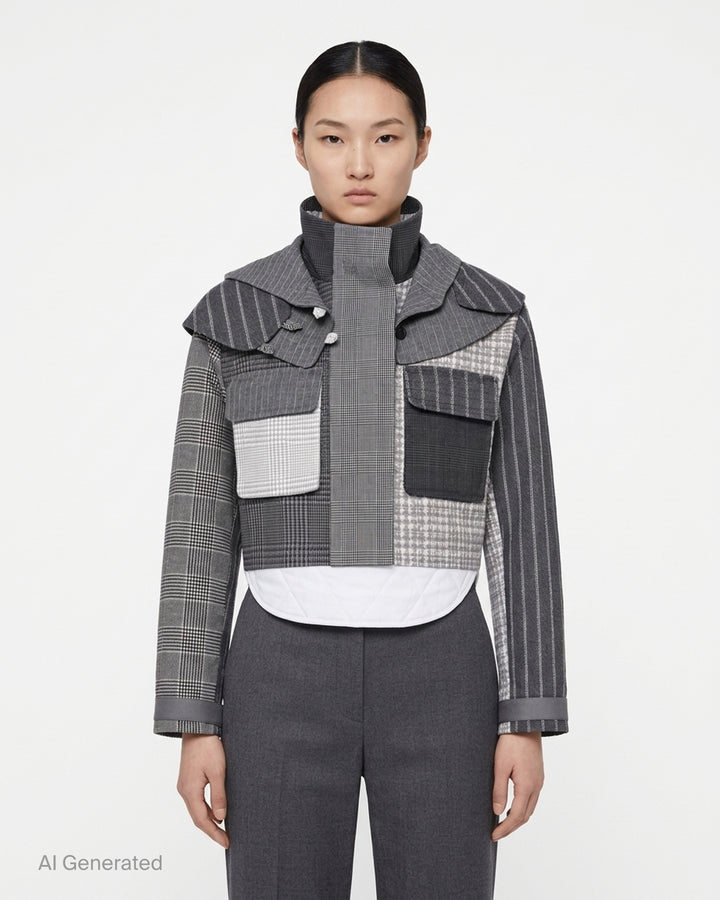 Thom Browne cropped tailored parka in grey patchwork of pinstripe, glen check and houndstooth with layered collar, flap chest pockets and quilted white curved hem - front