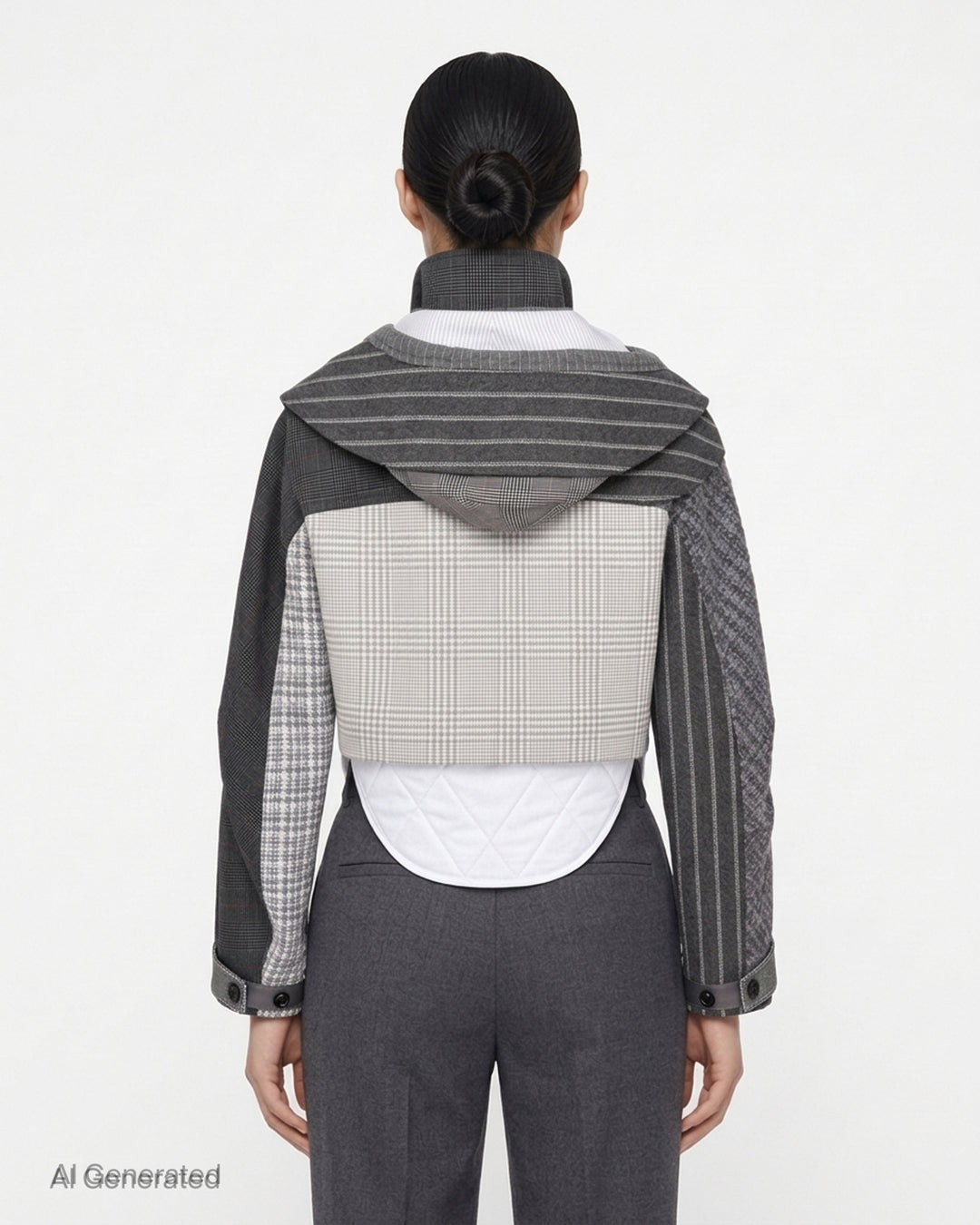 Thom Browne cropped tailored parka in grey patchwork of pinstripe, glen check and houndstooth with layered collar, flap chest pockets and quilted white curved hem - back